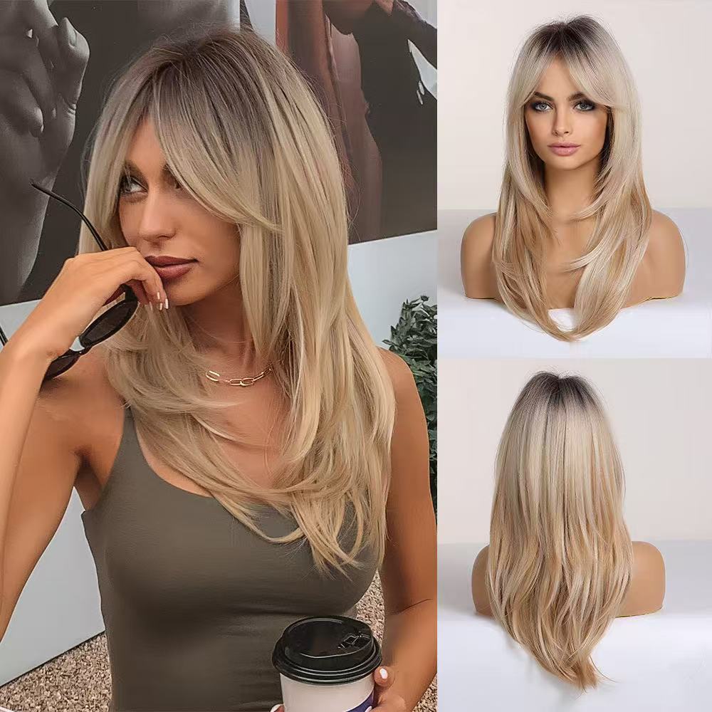 Brown to Blonde Omber Wigs  Synthetic Hair for Women