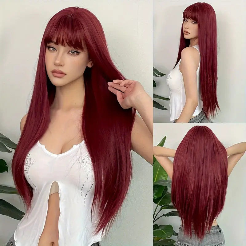 2025 European and American Style Full Bangs Multi-Color Long Straight Hair Elegant Goddess Wig Full Head Wig