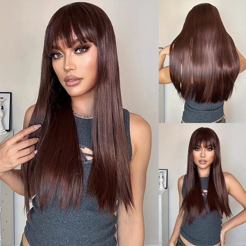 2025 European and American Style Full Bangs Multi-Color Long Straight Hair Elegant Goddess Wig Full Head Wig