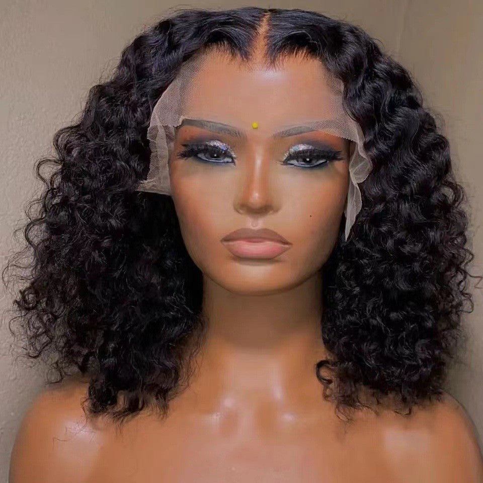 African Curly Short Hair European and American Fashion Black Synthetic Hair Women's Hairpiece Middle Part Wig Full Head Wig