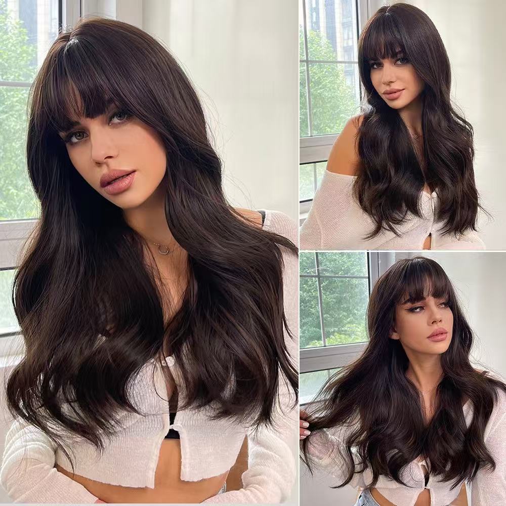 Full Wig: Black Barbie-Style Long Curly Hair with Blunt Bangs, Voluminous & Face-Framing