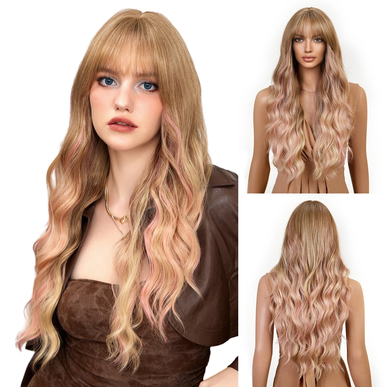 Straight bangs, yellow gradient Barbie-style big wavy long curly hair, fluffy face-shaping wig