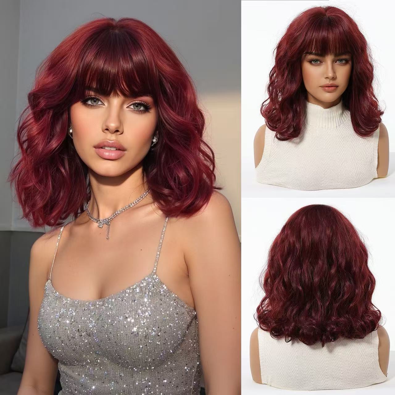This short hairstyle has a soft and cute vibe. The wine-red color is rich and not overly conspicuous, making the wearer look whiter and more vibrant. The bob cut reaches the lower jawline, and paired with fine, short curls, it creates a fluffy look that doesn't cling to the scalp. This style naturally enhances the face shape, conceals fatness, and makes the wearer appear smaller.