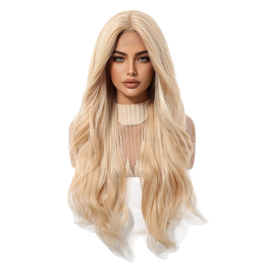 Fashionable Full Lace Front Wig: Golden Long Wavy Hair with Center Parting