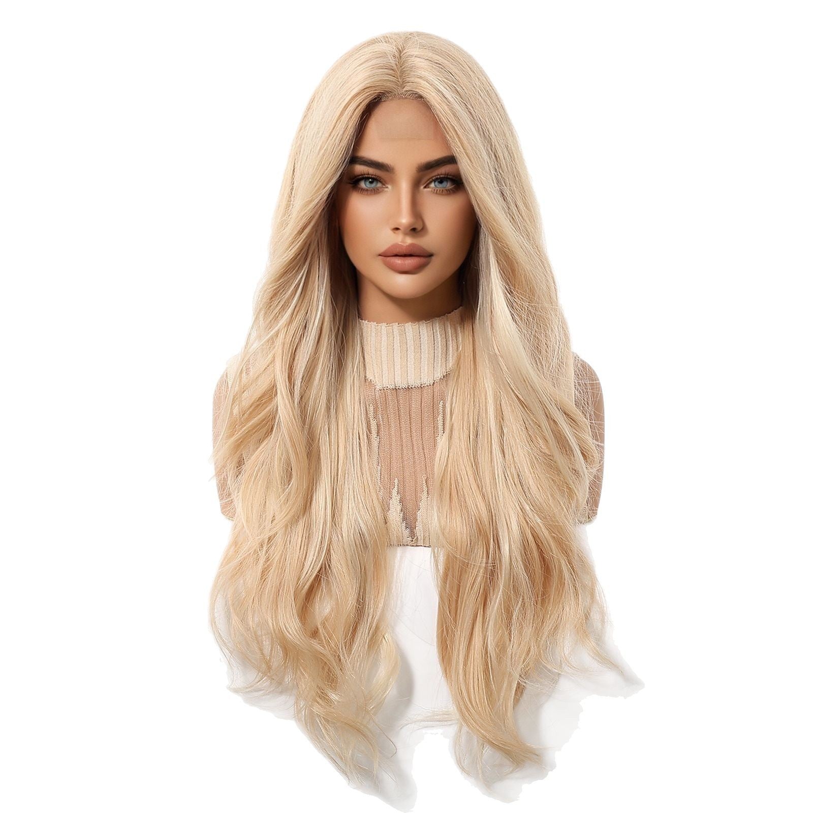 Fashionable Full Lace Front Wig: Golden Long Wavy Hair with Center Parting