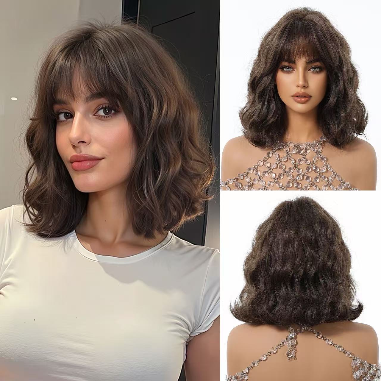 This short hairstyle has a soft and cute look. The brown hair strands have a gentle texture that gives a youthful appearance. The bob cut reaches just below the jawline, and paired with fine, short curls, it naturally enhances the face shape, creating the illusion of a smaller face. The curls are voluminous and not tight against the scalp, giving a lively and natural look that closely resembles real human hair.
