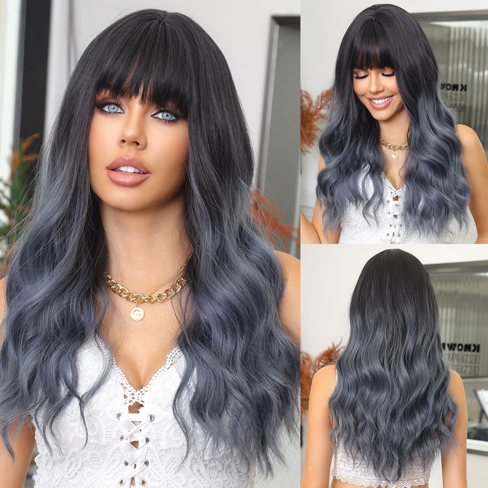 Full head wig with bangs, Barbie-style, large wavy long curly hair, fluffy and face-shaping