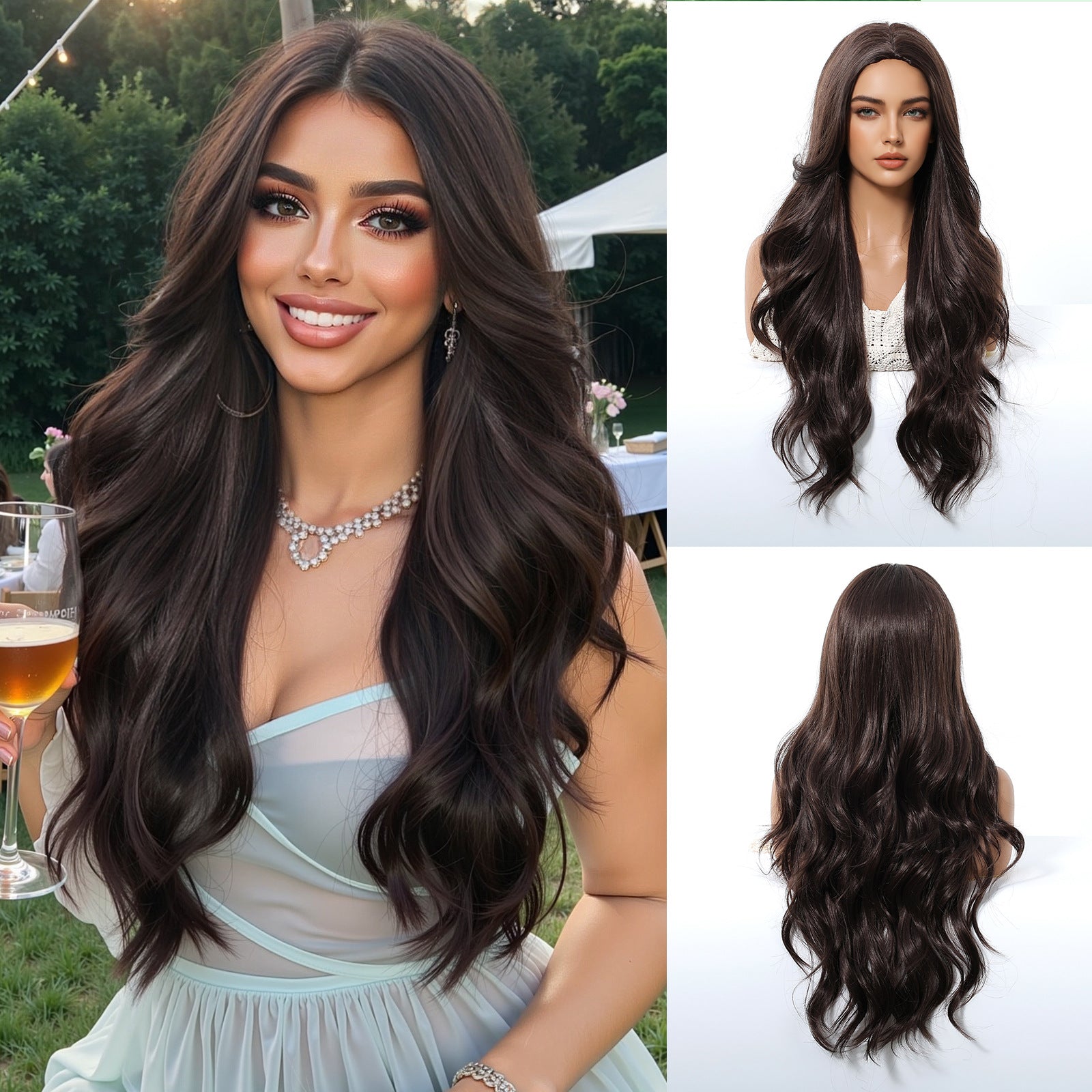 This full-head wig is based on the classic center-part style and effortlessly enhances the face shape. The dark brown hair strands are natural and soft, not harsh, and have a subtle, understated quality.
The long, flowing hair reaches the chest, with large, full-bodied, and elastic wavy curls. When it sways, it looks lively and ethereal, and it doesn't easily get tangled or frizzy. The inner mesh provides breathability and can also adjust the tightness, making it suitable for most head sizes. It is comforta
