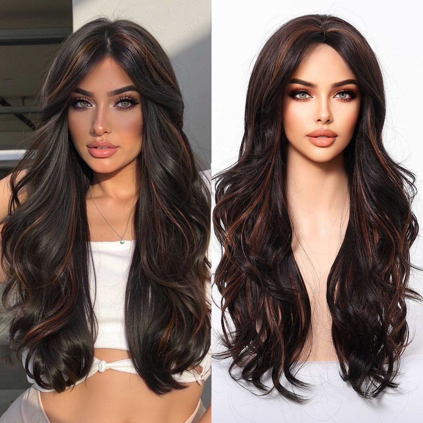 This full-head wig features a center-part design that enhances the face shape. The dark-brown base color is interspersed with fine, subtle highlights, making it less noticeable and more dynamic. The long, curly hair reaches the chest, with full, big-wave curls that flow naturally when moved. They do not easily knot together. The inner mesh is breathable and adjustable in tightness, suitable for most head sizes, making it comfortable to wear on a daily basis. It doesn't require much maintenance; it's perfect