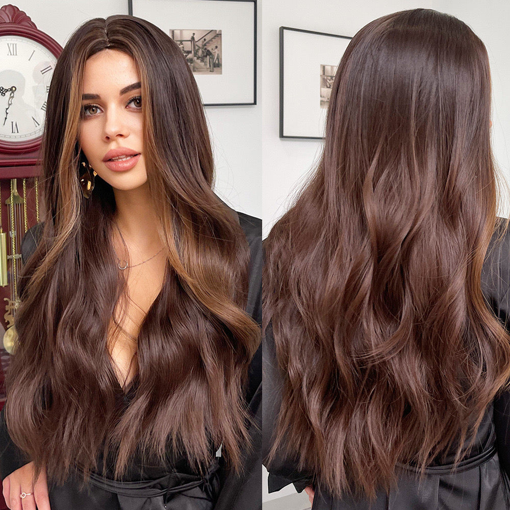 Long  Wavy Synthetic Wigs Ombre Brown Middle Part For Women