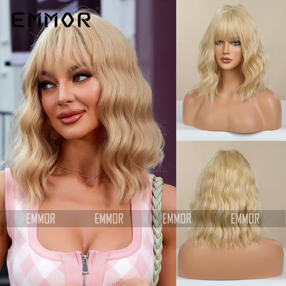 The golden tone is striking yet understated, giving a youthful and vibrant appearance. The bob cut reaches the lower jaw, paired with fine, short curls that are fluffy and don't cling to the scalp. This style naturally enhances the face shape, camouflages any excess fat, and makes the wearer appear smaller. The hair's texture closely resembles that of a real person, making it look authentic. It requires minimal effort to maintain and is perfect for everyday wear.