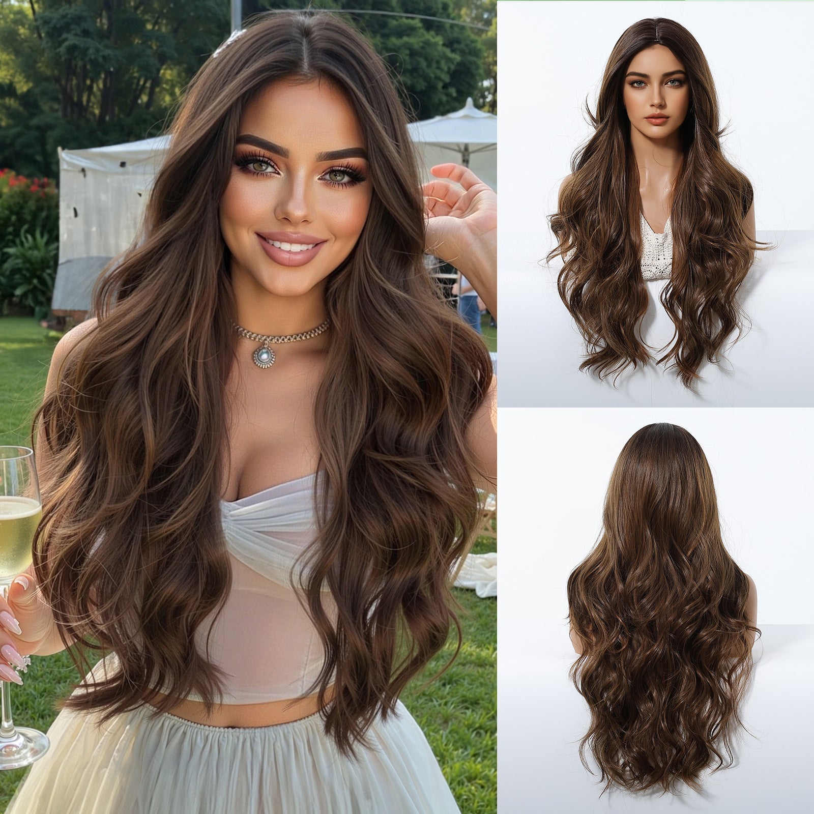 This wig is based on a neat center-parted line that effortlessly enhances the face shape. The gradient brown that extends from the forehead to the ends of the hair is the core highlight. It is not a single color block but rather transitions naturally from a light, warm brown at the top of the head to a deeper, caramel brown at the ends, mimicking the natural color variation that occurs in real human hair due to exposure to sunlight. This creates a more layered and realistic appearance.