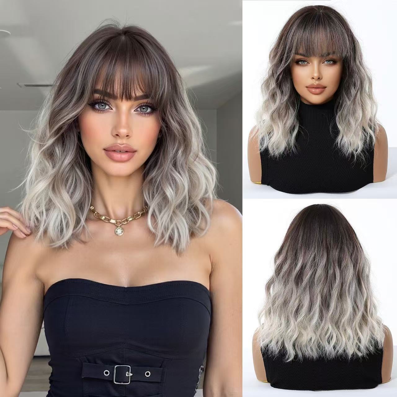 This style of short, curly hair features a gradual transition from light gray to dark gray, with no harsh lines. It exudes a unique vibe. The curls are fluffy and lively, reaching the lower jawline, which helps to contour the face. The texture of the hair is very realistic, making it appear genuine.