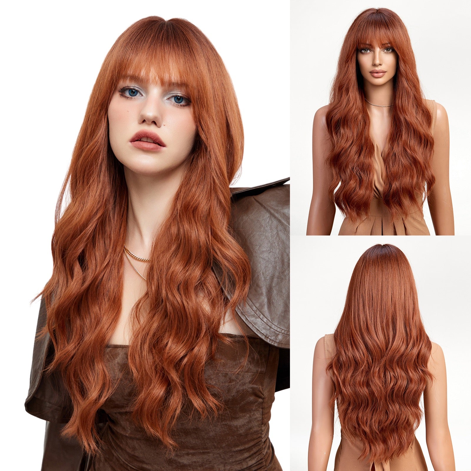 This brown wavy wig is made of 100% high-temperature fiber. The tea-red color is even and does not fade, and when viewed up close, the hair strands have a delicate texture and luster. The hand-ironed large waves have a long-lasting curl that doesn't get frizzy, with a natural volume that requires no frequent styling. The shape has been adjusted multiple times to fit the head without feeling oppressive. At the same time, the direction of the curls precisely 修饰 the face shape: it makes round faces look smalle