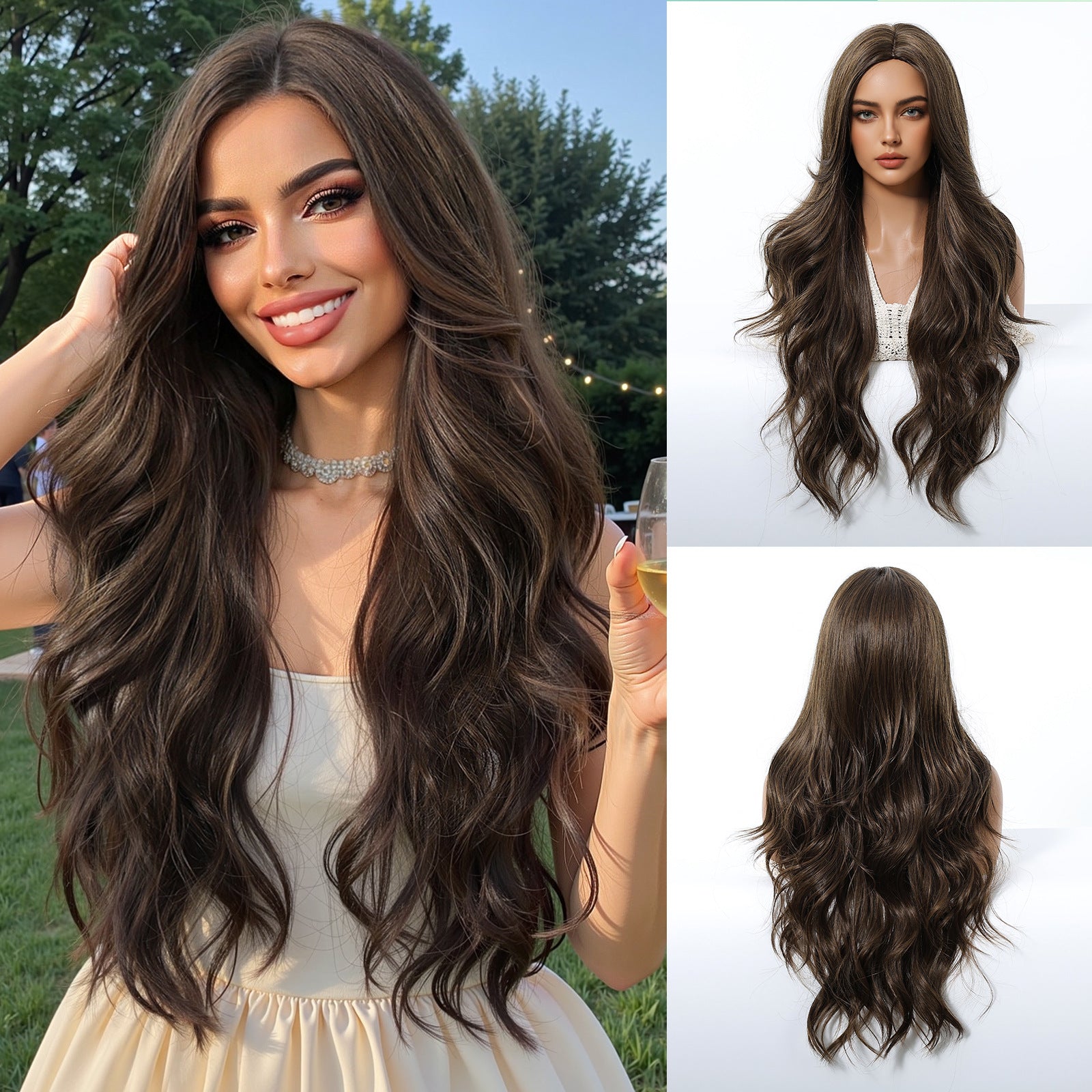 Full Wig with Center Part, Gradient Brown, Long Curly & Big Wavy Hair