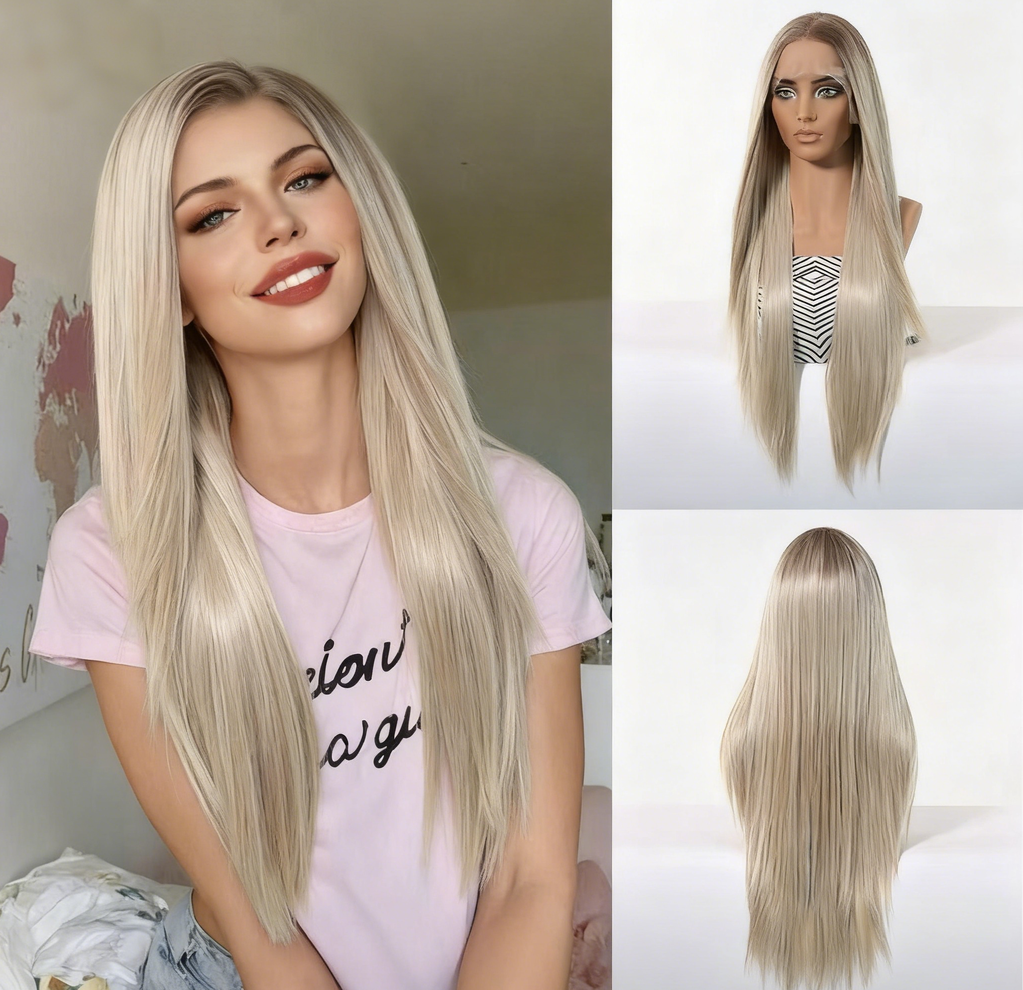 This platinum blonde center-part straight wig is a game-changer! Crafted with high-quality lace, it features an ultra-realistic hairline that blends flawlessly with your scalp—even up close, no one will notice it’s a wig. The straight strands fall smoothly, and the versatile design lets you part the hair freely anywhere you like, suiting your styling needs. What’s more, it flatters your face beautifully: the sleek straight style softens sharp contours and refines your facial shape, while the bright platinum