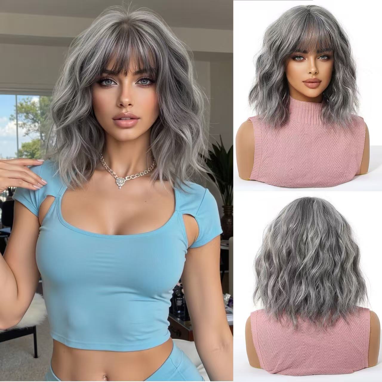 This short hairstyle is a sleek "bob" style. The gray tone is soft and not harsh, giving off a feeling of coolness. The short, curly hair is fluffy and doesn't cling to the scalp. It reaches the lower jawline and naturally enhances the face shape. The texture of the hair is very realistic and looks genuine. It doesn't require much effort to maintain, making it perfect for everyday wear.