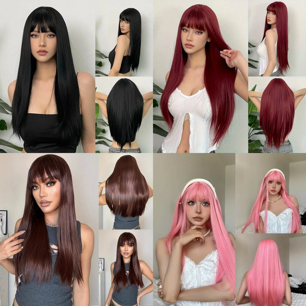 2025 European and American Style Full Bangs Multi-Color Long Straight Hair Elegant Goddess Wig Full Head Wig