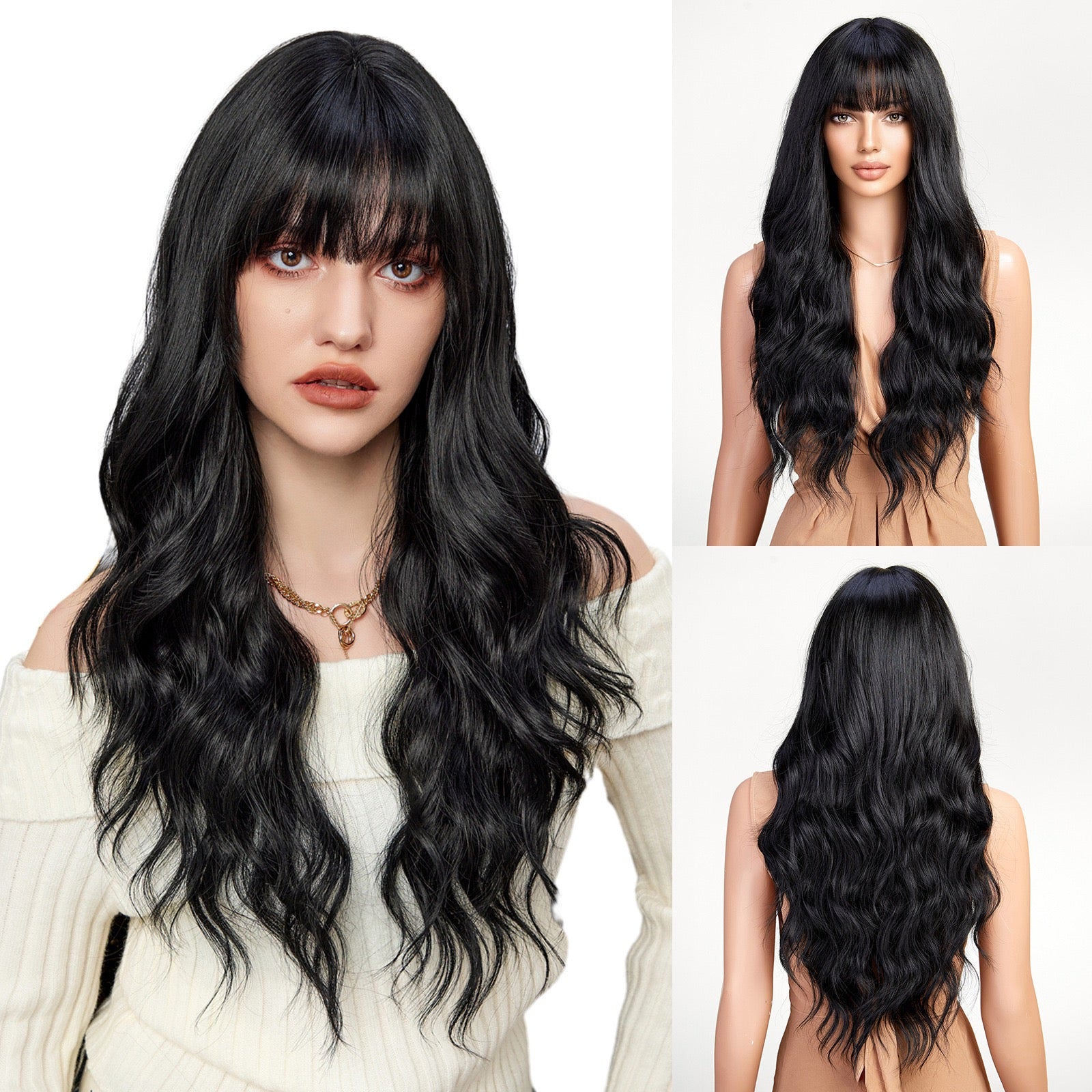 Straight bangs with black Barbie-style big waves, long curly hair. The hand-curled big waves have long-lasting curls without frizz, with a natural volume. At the same time, the direction of the curls precisely modifies the face shape: it makes round faces look smaller and square faces look softer, balancing beauty and practicality.