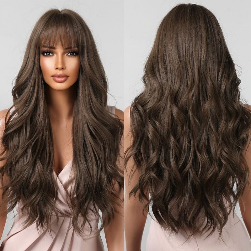 Full-head wig with straight bangs, brown Barbie-style long wavy curly hair, fluffy and face-shaping