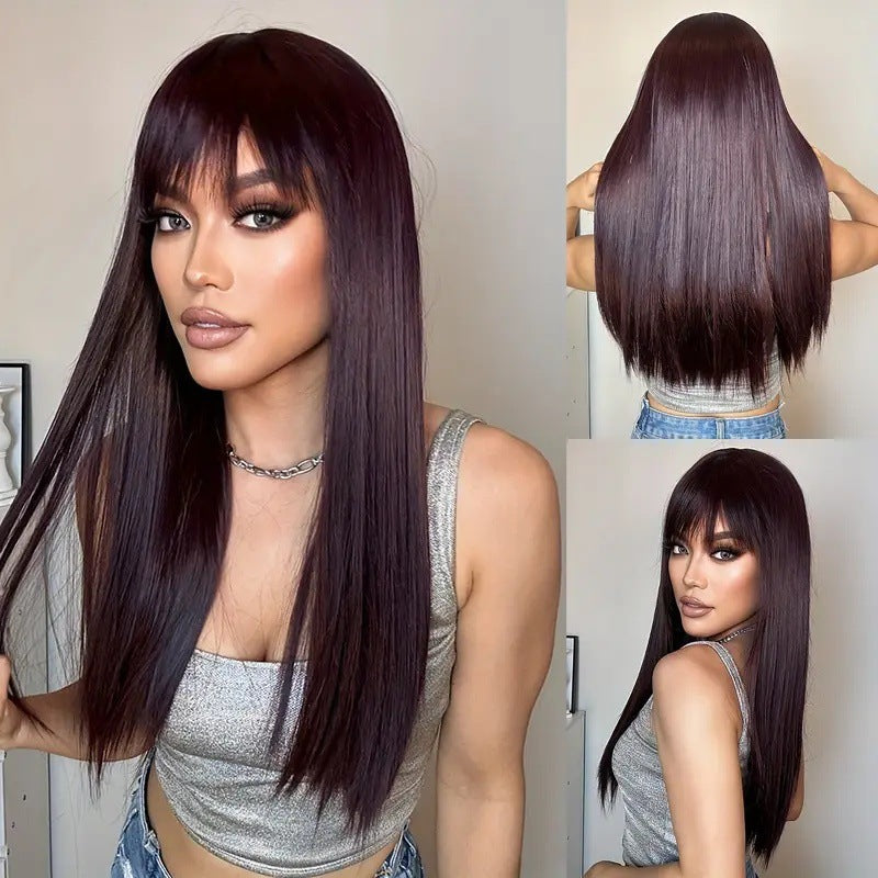 2025 European and American Style Full Bangs Multi-Color Long Straight Hair Elegant Goddess Wig Full Head Wig
