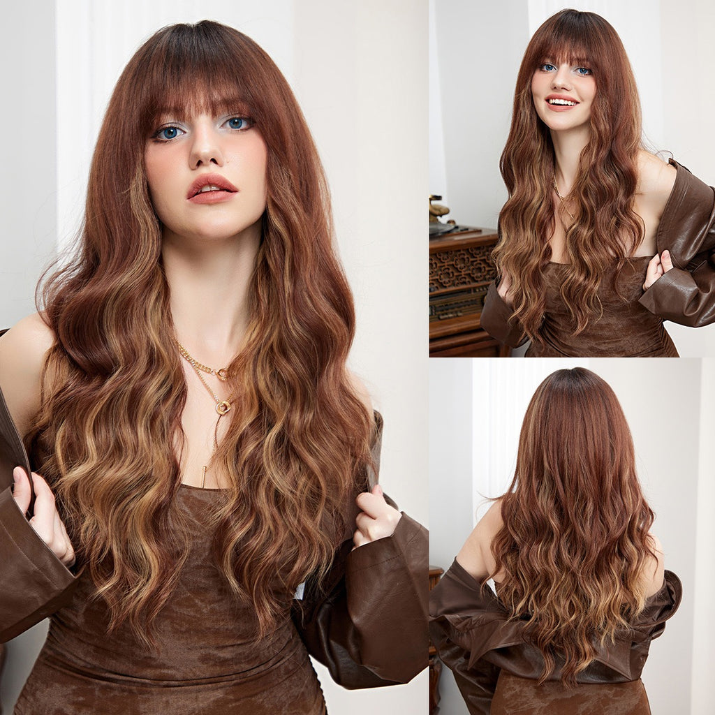 This brown big wavy wig is based on a naturally transparent brown tone, incorporating lively large wavy curls. Each strand of hair has a fluffy, airy feel, not clinging to the scalp, which makes the hair volume look more abundant. The specially designed gradient curls start to hang down naturally from behind the ears, which can cleverly modify the cheekbones and jawline, easily creating a "small face visual effect". It is very suitable for daily matching with shirts and knitwear. There's no need to bother w