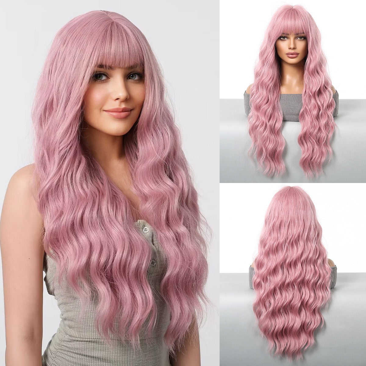 Full-head wig with straight bangs, pink Barbie-style, large wavy long curly hair, fluffy and face-shaping