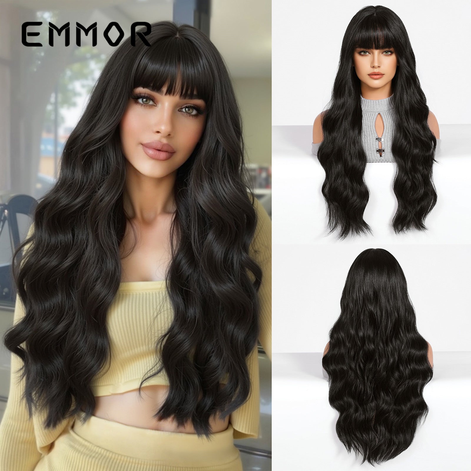 Full-head wig with straight bangs, black Barbie-style, large wavy long curly hair, fluffy and face-shaping